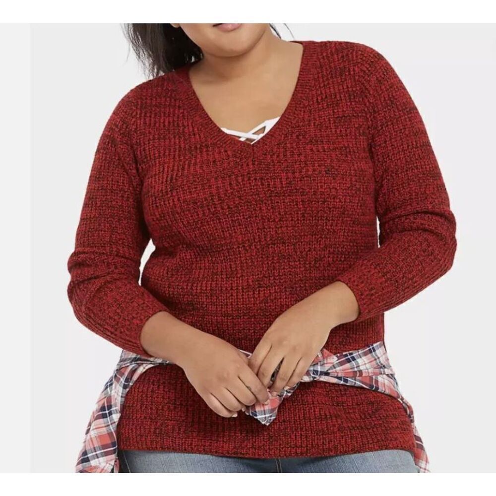 Torrid Women's Red V-Neck Marled Knit Long Sleeve Sweater Size 3 | 3X
